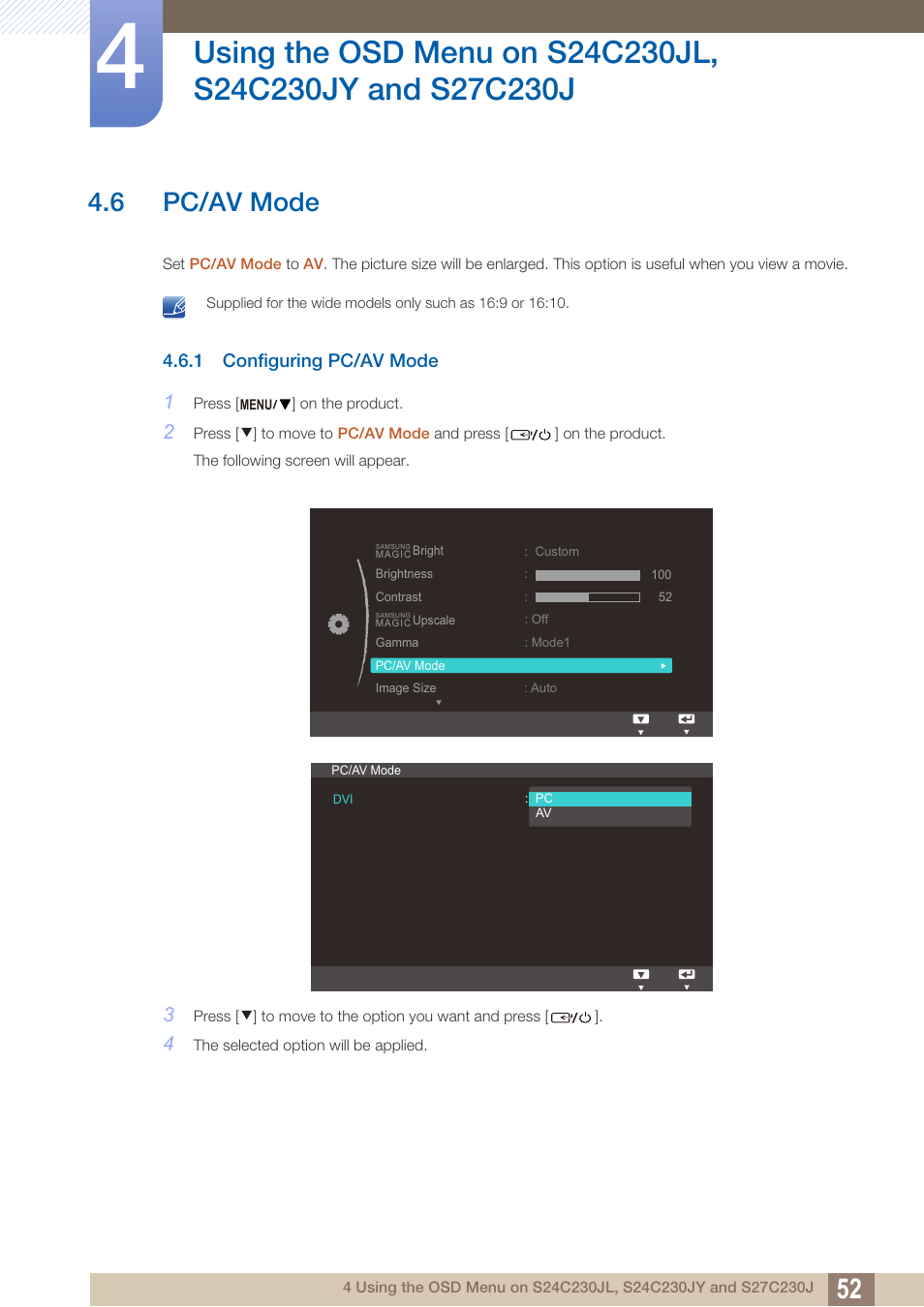 6 pc/av mode, 1 configuring pc/av mode, Pc/av mode | Configuring pc/av mode | Samsung LS24C230BL-ZC User Manual | Page 52 / 77