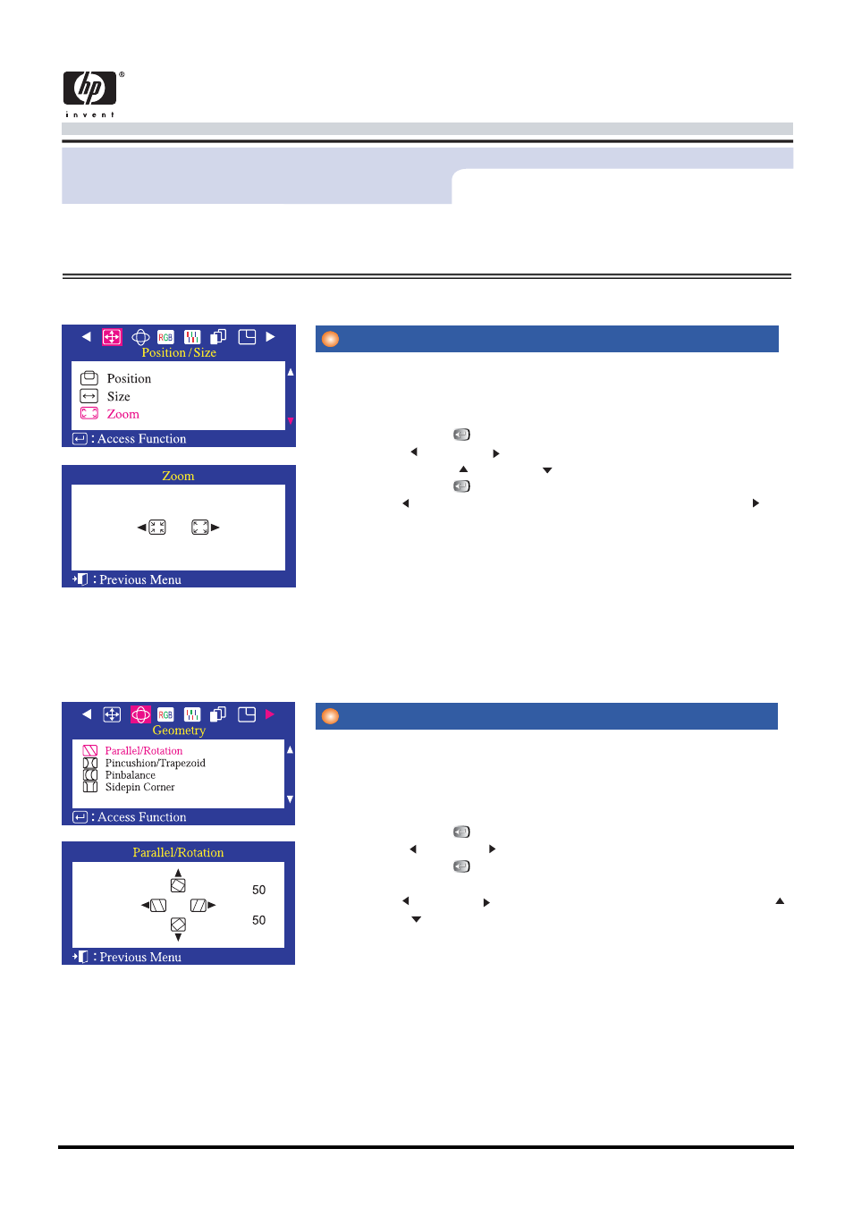 O n -screen display, Zoom parallel/rotation, User’s guide 23 | Menu how to adjust | Samsung CA19ISBL-XAZ User Manual | Page 31 / 105