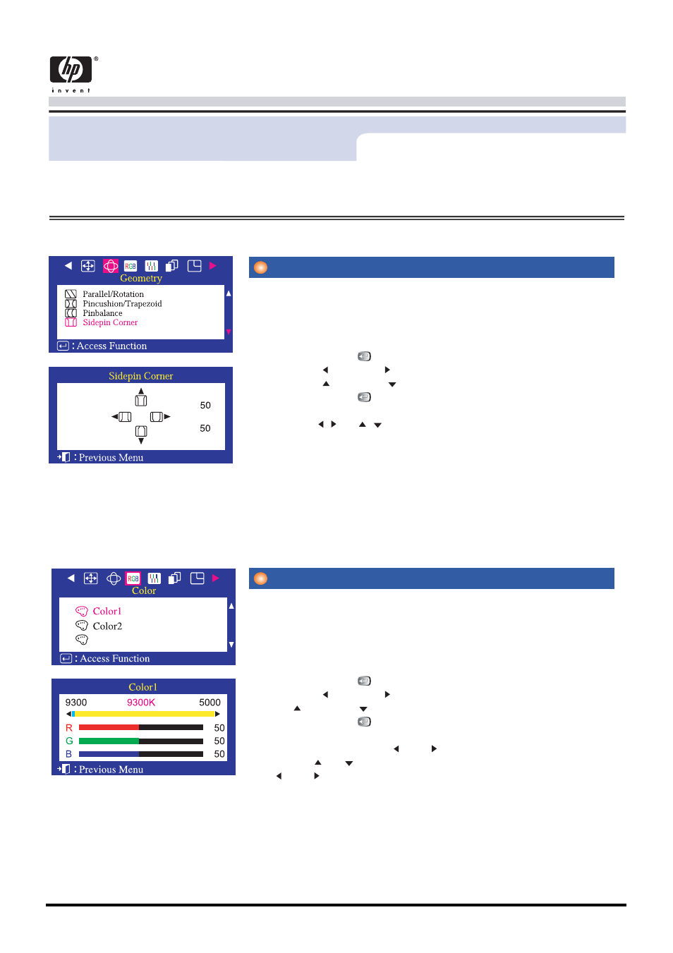 O n -screen display, Sidepin corner, Color1 | User’s guide 25, Menu how to adjust | Samsung CA19ISBL-XAZ User Manual | Page 33 / 105