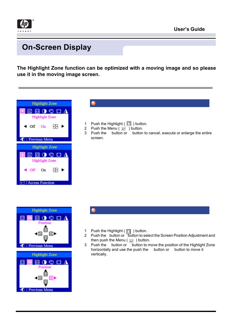 On-screen display, Highlight zone position, User’s guide 32 | Samsung CA19ISBL-XAZ User Manual | Page 41 / 105