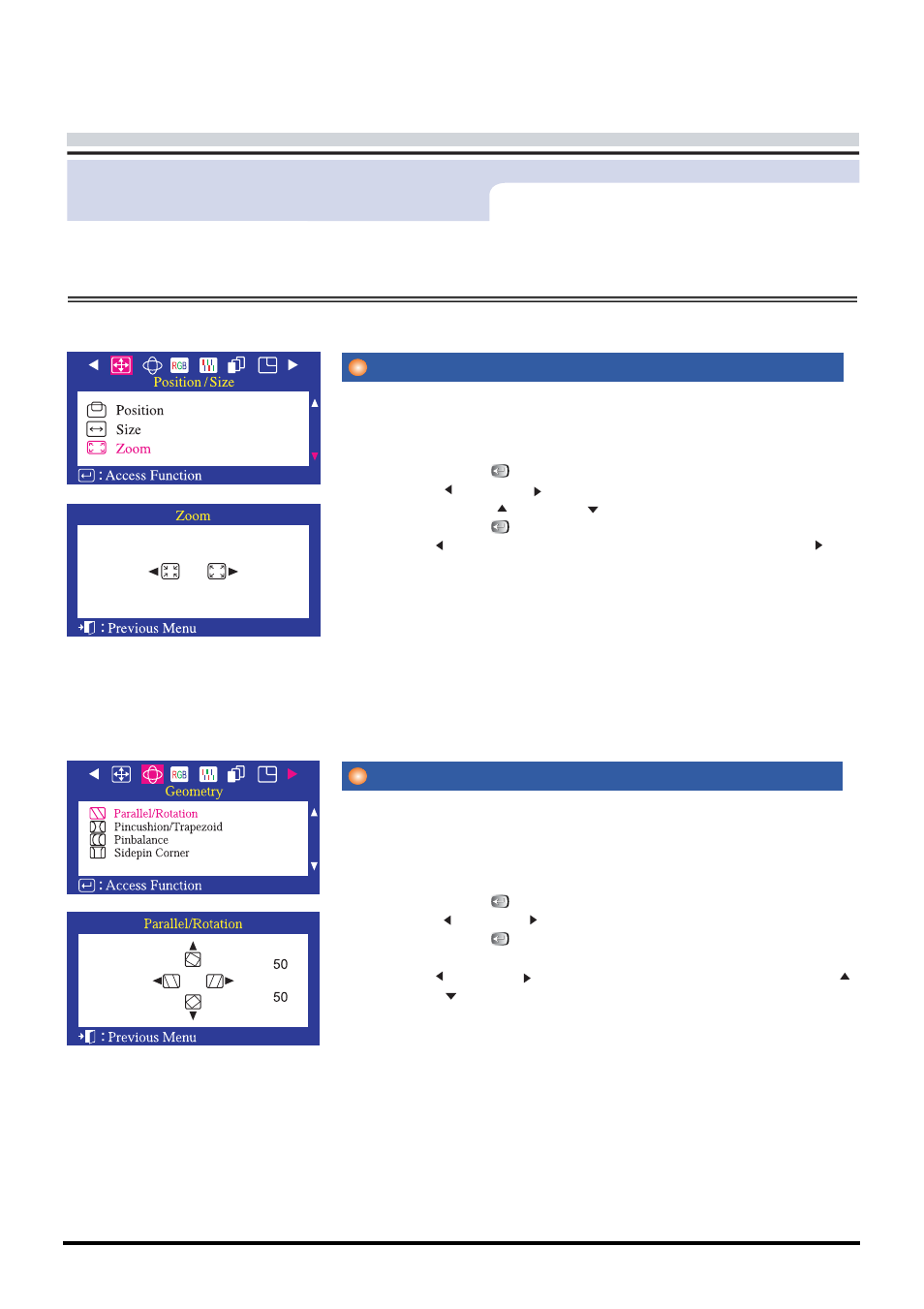 O n -screen display, Zoom parallel/rotation, Menu how to adjust | Samsung CA19ISBL-XAZ User Manual | Page 69 / 105