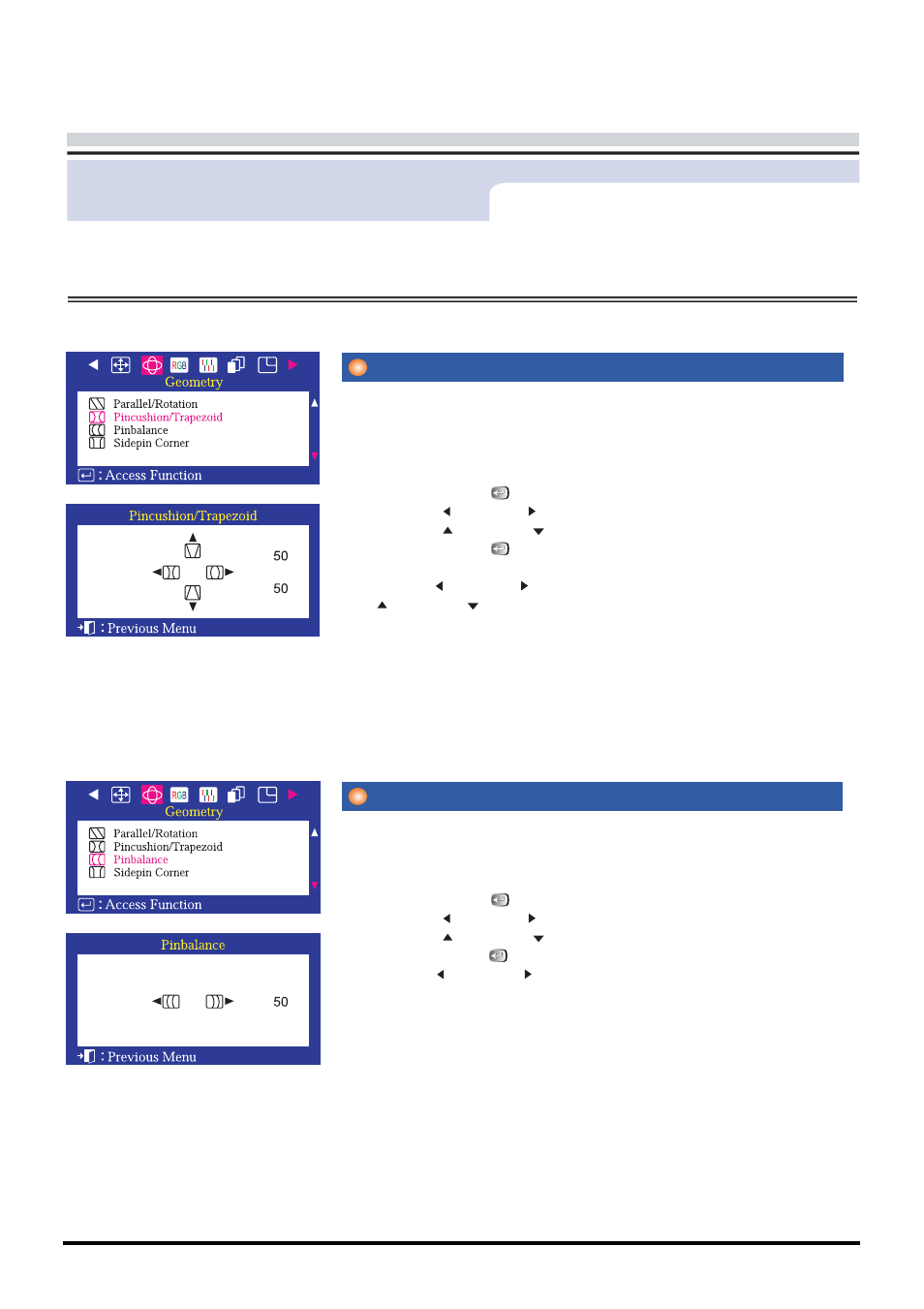 On-screen display, Pincushion/trapezoid pinbalance, Menu how to adjust | Samsung CA19ISBL-XAZ User Manual | Page 70 / 105