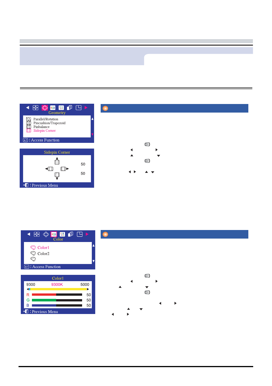 O n -screen display, Sidepin corner, Color1 | Menu how to adjust | Samsung CA19ISBL-XAZ User Manual | Page 71 / 105