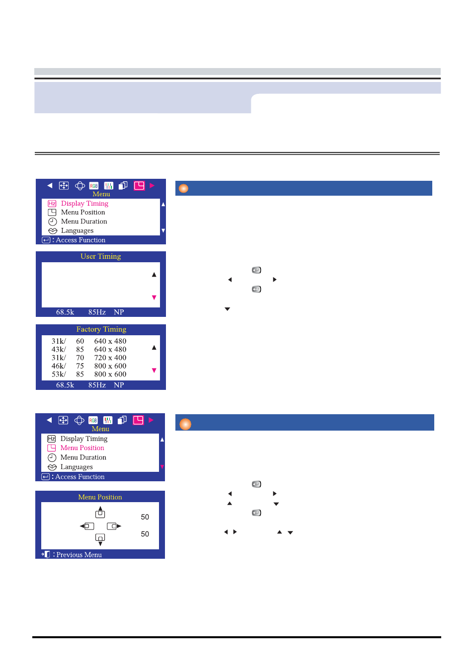 On-screen display, Display timing menu position, Menu how to adjust | Samsung CA19ISBL-XAZ User Manual | Page 78 / 105