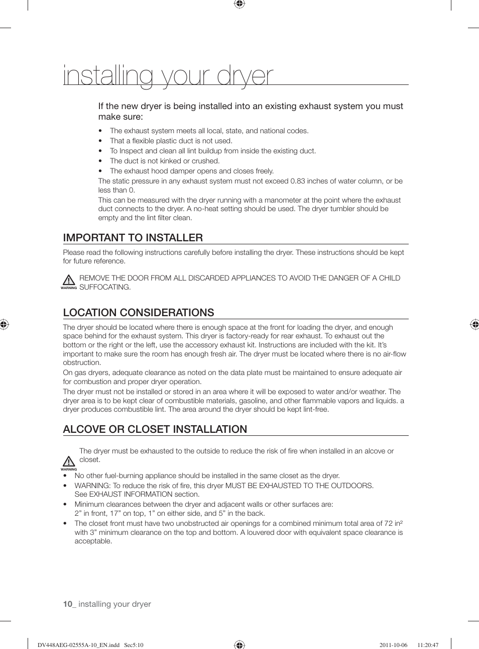 Installing your dryer, Important to installer, Location considerations | Alcove or closet installation | Samsung DV438AER-XAA User Manual | Page 10 / 76