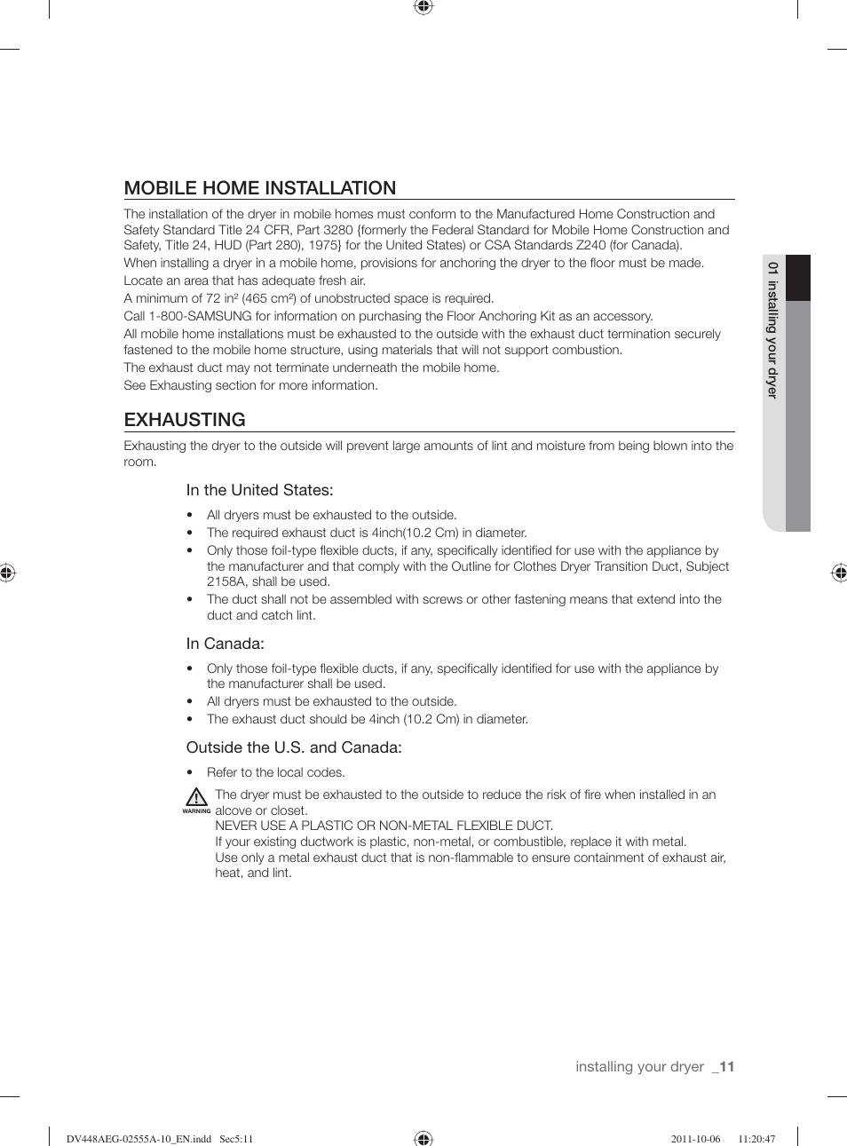 Mobile home installation, Exhausting | Samsung DV438AER-XAA User Manual | Page 11 / 76
