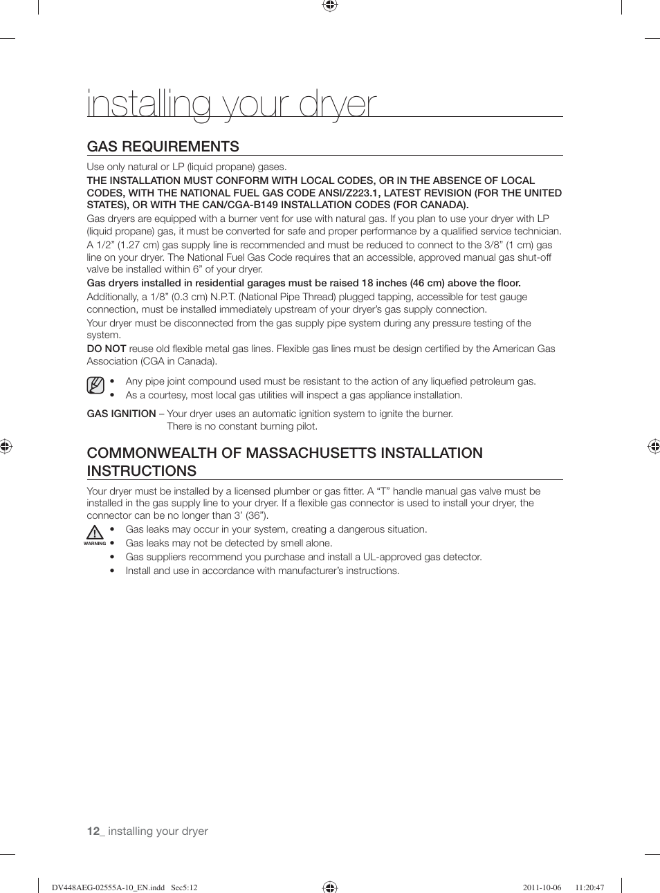 Installing your dryer, Gas requirements | Samsung DV438AER-XAA User Manual | Page 12 / 76