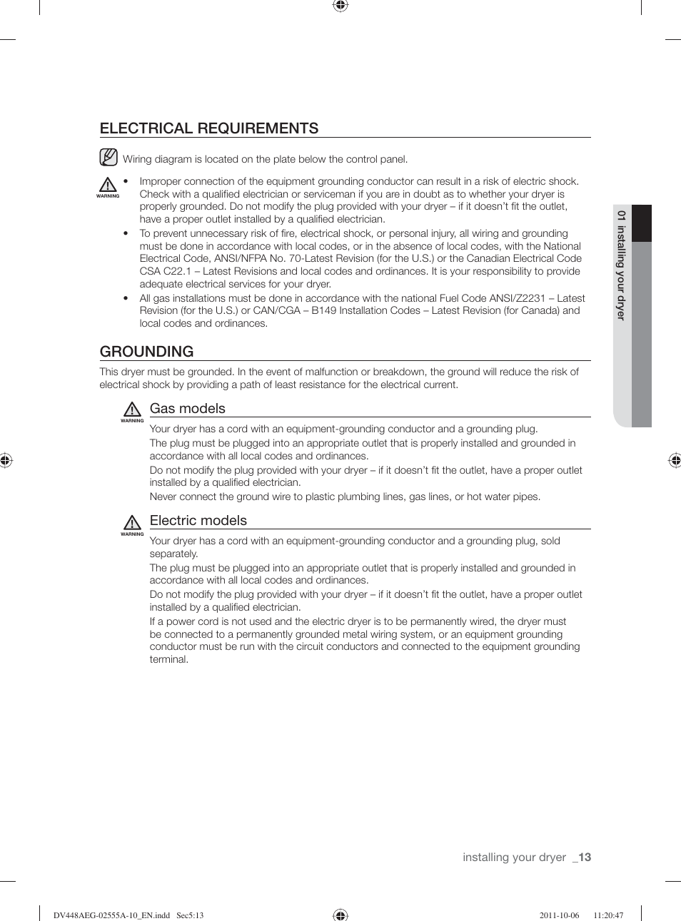 Electrical requirements, Grounding, Gas models | Electric models | Samsung DV438AER-XAA User Manual | Page 13 / 76