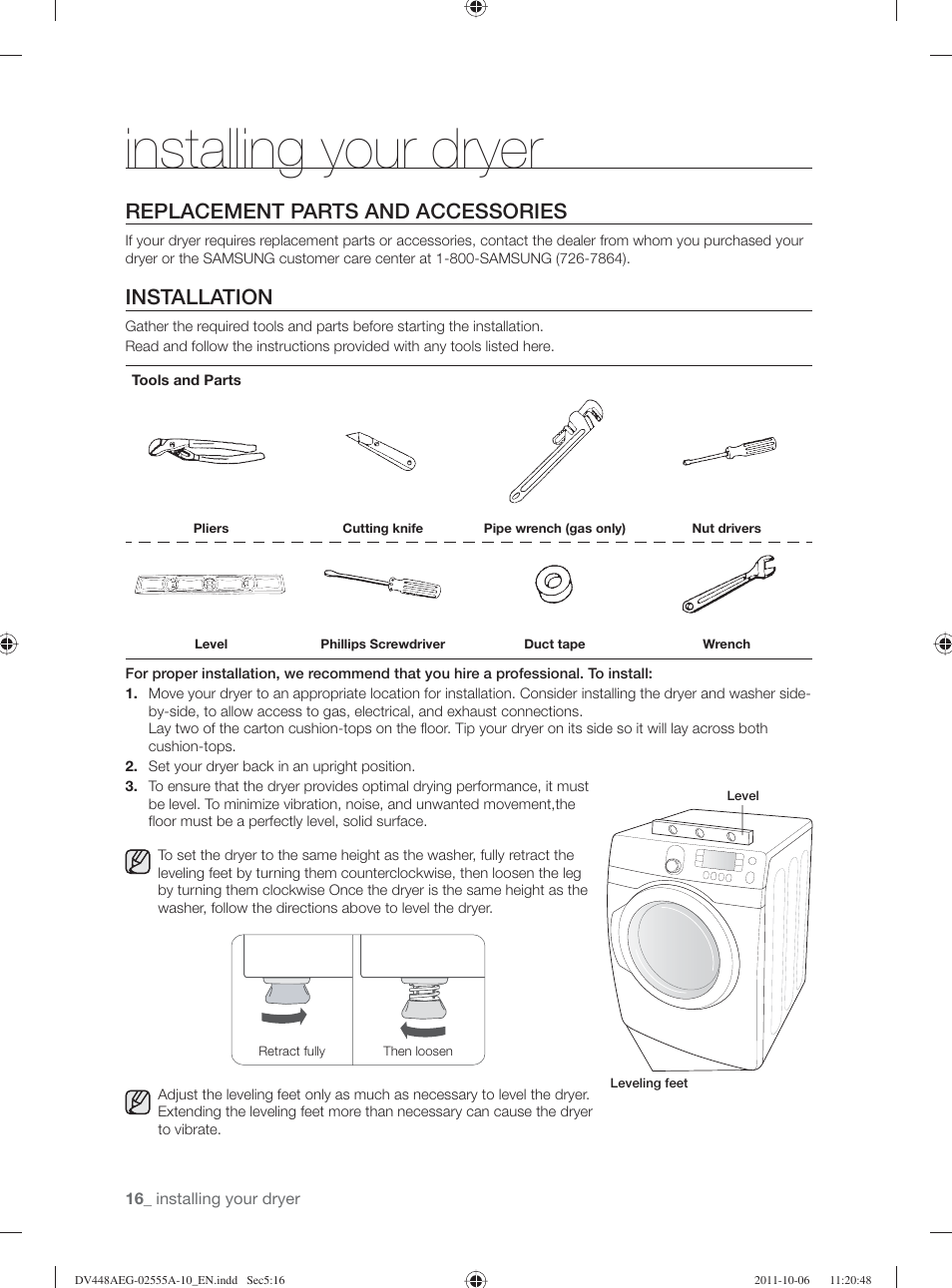 Installing your dryer, Replacement parts and accessories, Installation | Samsung DV438AER-XAA User Manual | Page 16 / 76