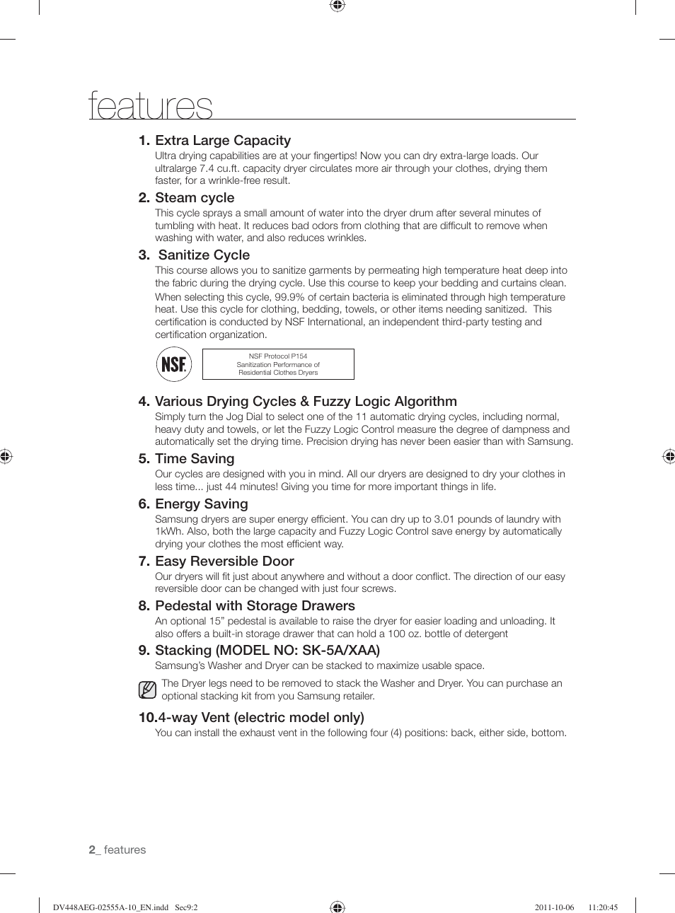 Features | Samsung DV438AER-XAA User Manual | Page 2 / 76