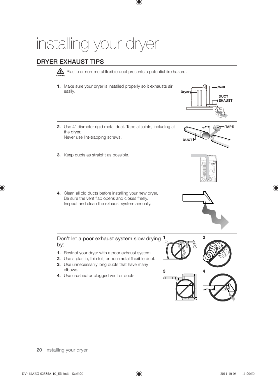 Installing your dryer, Dryer exhaust tips | Samsung DV438AER-XAA User Manual | Page 20 / 76
