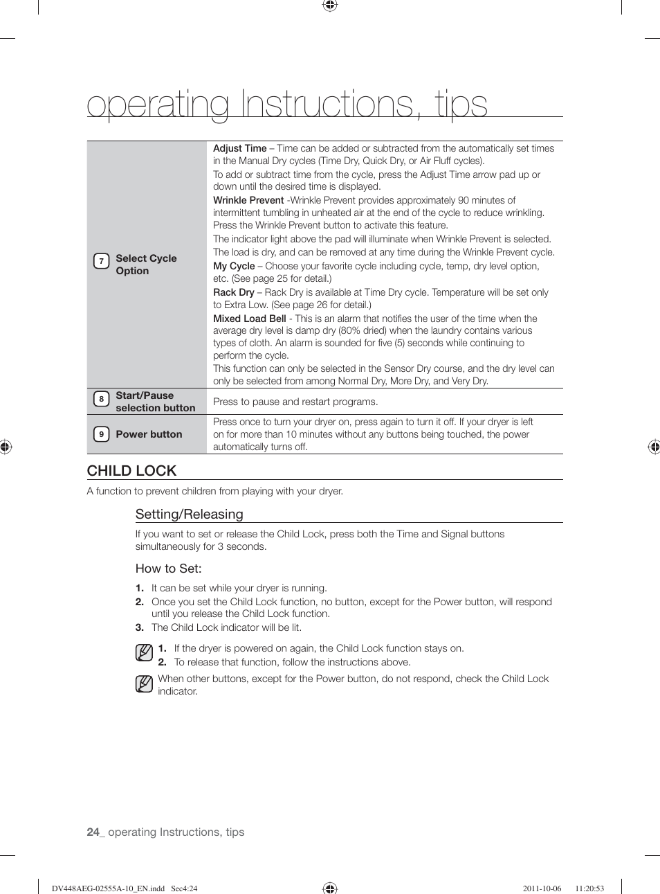 Operating instructions, tips, Child lock, Setting/releasing | Samsung DV438AER-XAA User Manual | Page 24 / 76