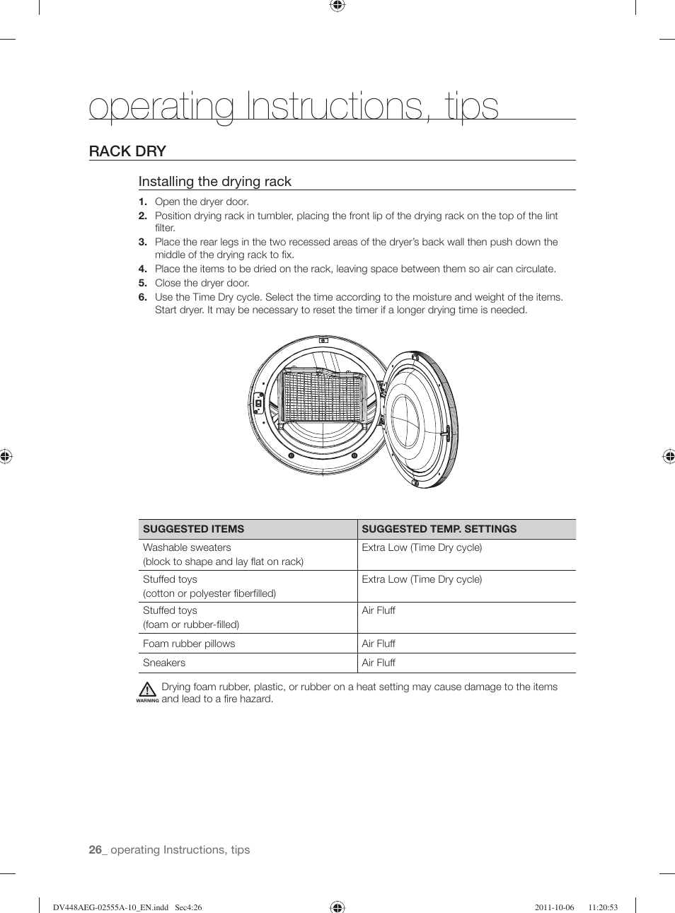 Operating instructions, tips, Rack dry, Installing the drying rack | Samsung DV438AER-XAA User Manual | Page 26 / 76