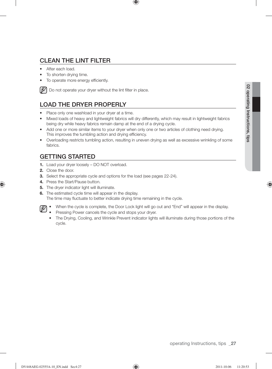 Clean the lint filter, Load the dryer properly, Getting started | Samsung DV438AER-XAA User Manual | Page 27 / 76