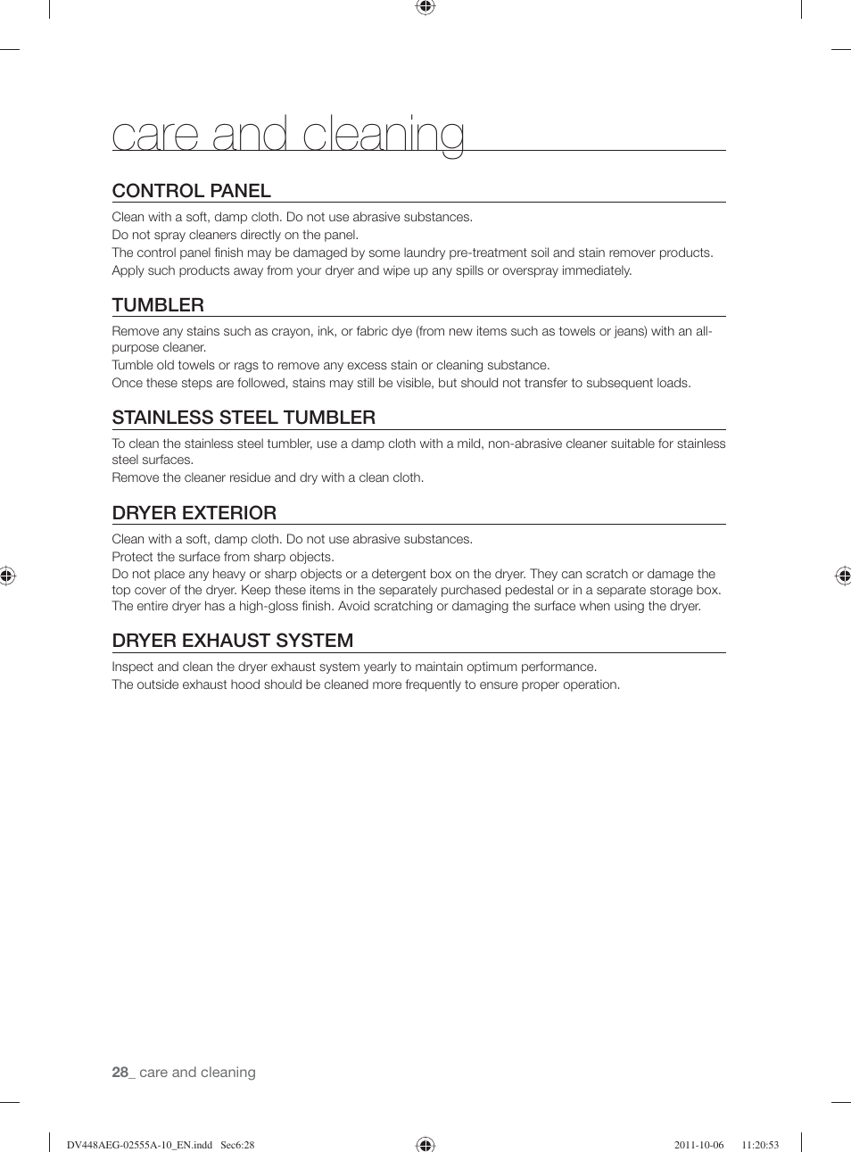 Care and cleaning, Control panel, Tumbler | Stainless steel tumbler, Dryer exterior, Dryer exhaust system | Samsung DV438AER-XAA User Manual | Page 28 / 76