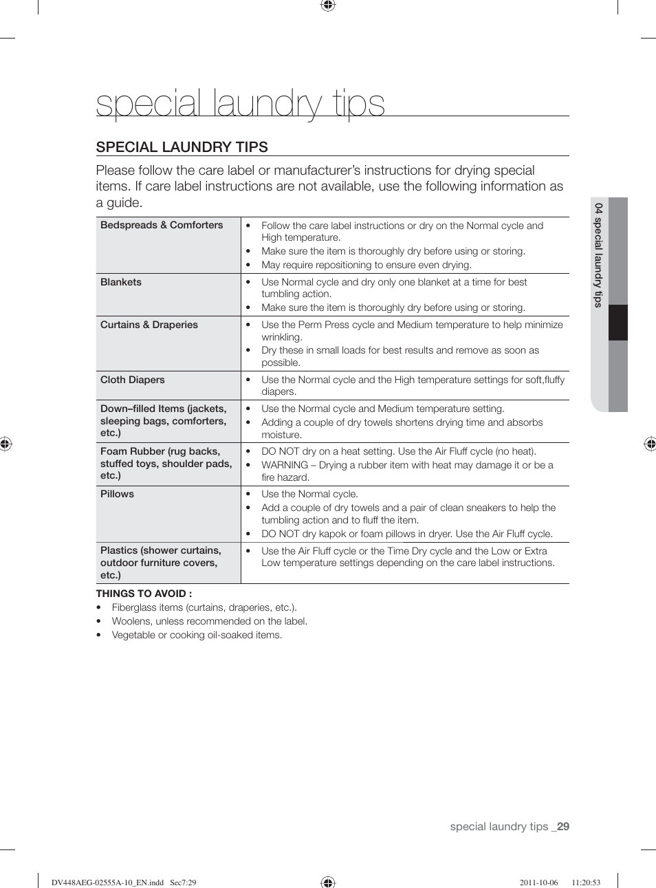 Special laundry tips | Samsung DV438AER-XAA User Manual | Page 29 / 76