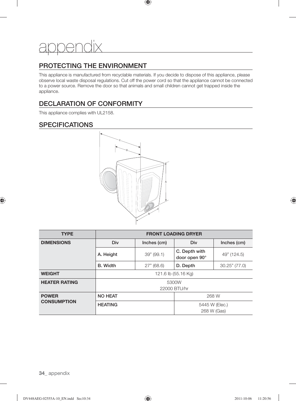 Appendix, Protecting the environment, Declaration of conformity | Specifications | Samsung DV438AER-XAA User Manual | Page 34 / 76