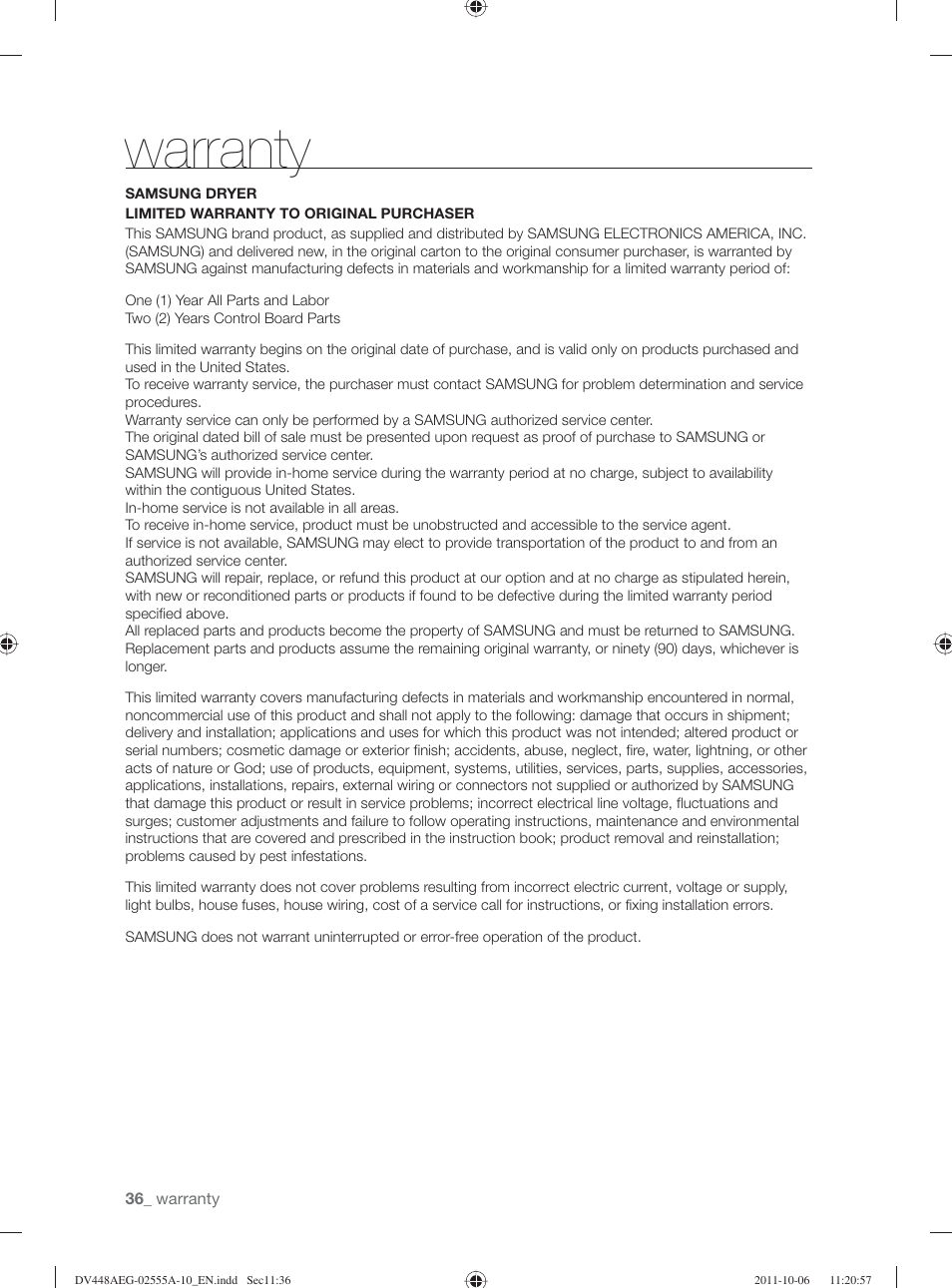 Warranty | Samsung DV438AER-XAA User Manual | Page 36 / 76