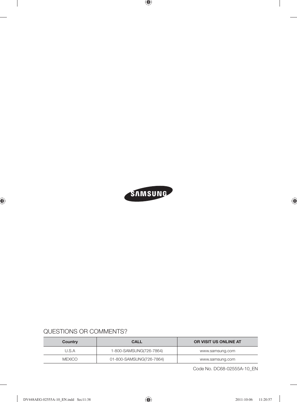 Questions or comments | Samsung DV438AER-XAA User Manual | Page 38 / 76