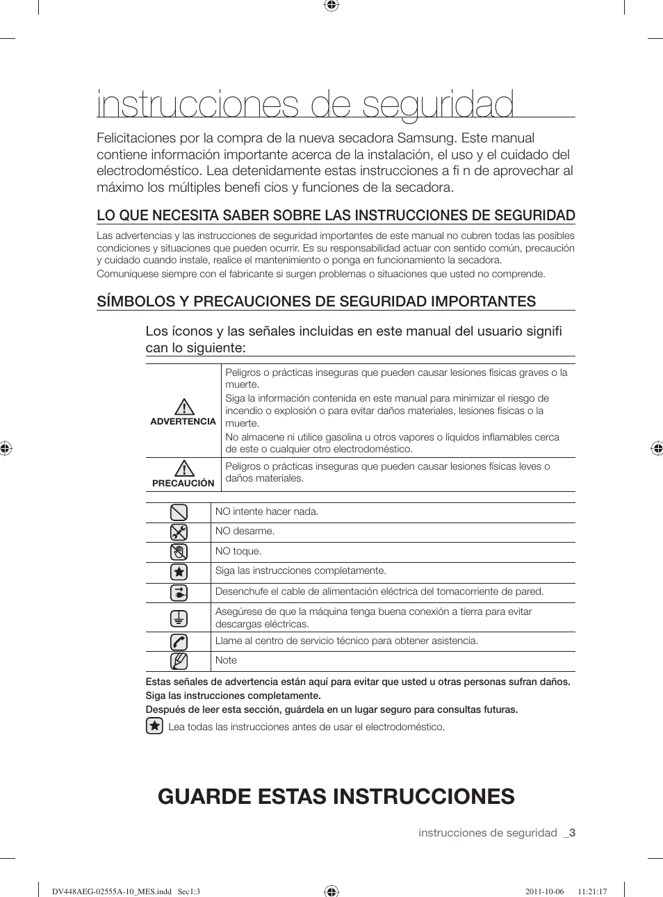 Instrucciones de seguridad, Guarde estas instrucciones, Símbolos y precauciones de seguridad importantes | Samsung DV438AER-XAA User Manual | Page 41 / 76