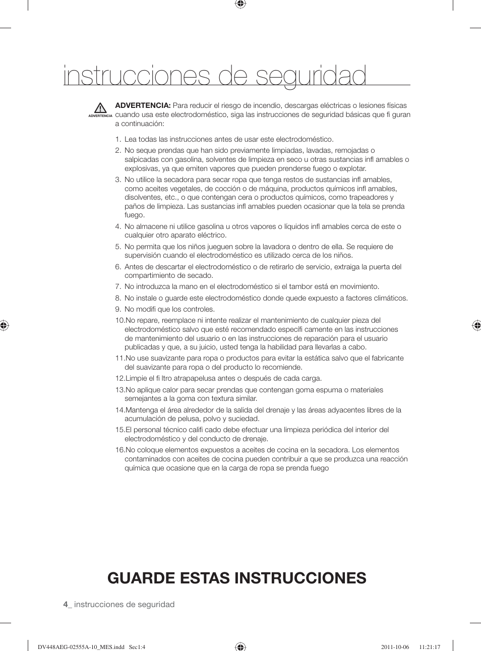 Instrucciones de seguridad, Guarde estas instrucciones | Samsung DV438AER-XAA User Manual | Page 42 / 76
