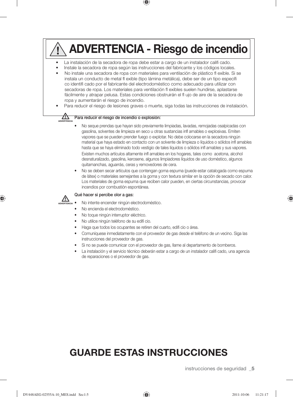 Advertencia - riesgo de incendio, Guarde estas instrucciones | Samsung DV438AER-XAA User Manual | Page 43 / 76