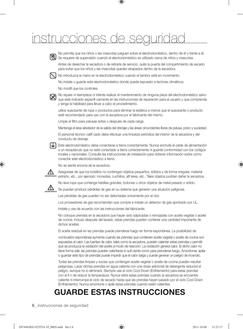 Instrucciones de seguridad, Guarde estas instrucciones | Samsung DV438AER-XAA User Manual | Page 44 / 76