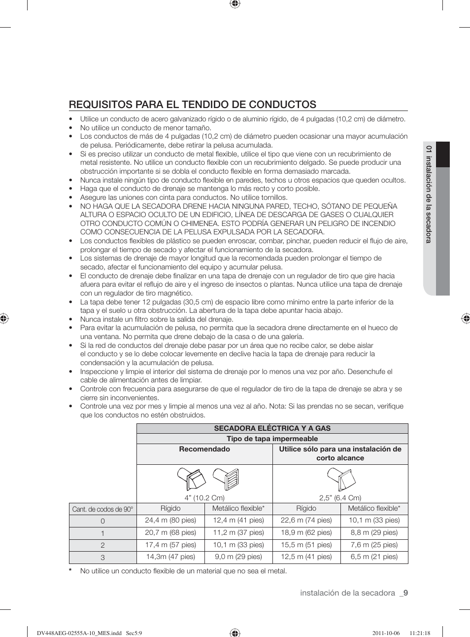 Requisitos para el tendido de conductos | Samsung DV438AER-XAA User Manual | Page 47 / 76