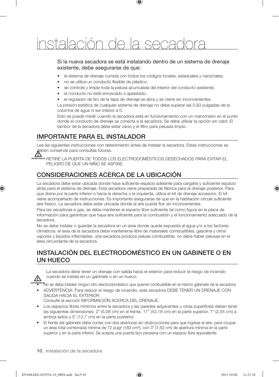 Instalación de la secadora, Importante para el instalador, Consideraciones acerca de la ubicación | Samsung DV438AER-XAA User Manual | Page 48 / 76