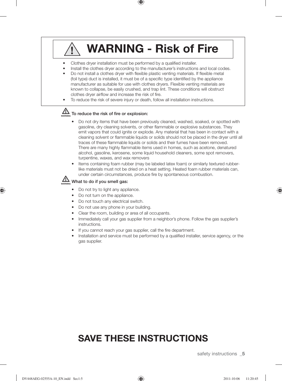 Warning - risk of fire, Save these instructions | Samsung DV438AER-XAA User Manual | Page 5 / 76