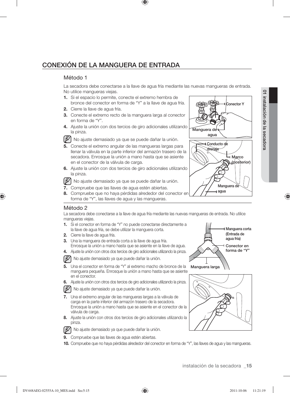 Conexión de la manguera de entrada | Samsung DV438AER-XAA User Manual | Page 53 / 76