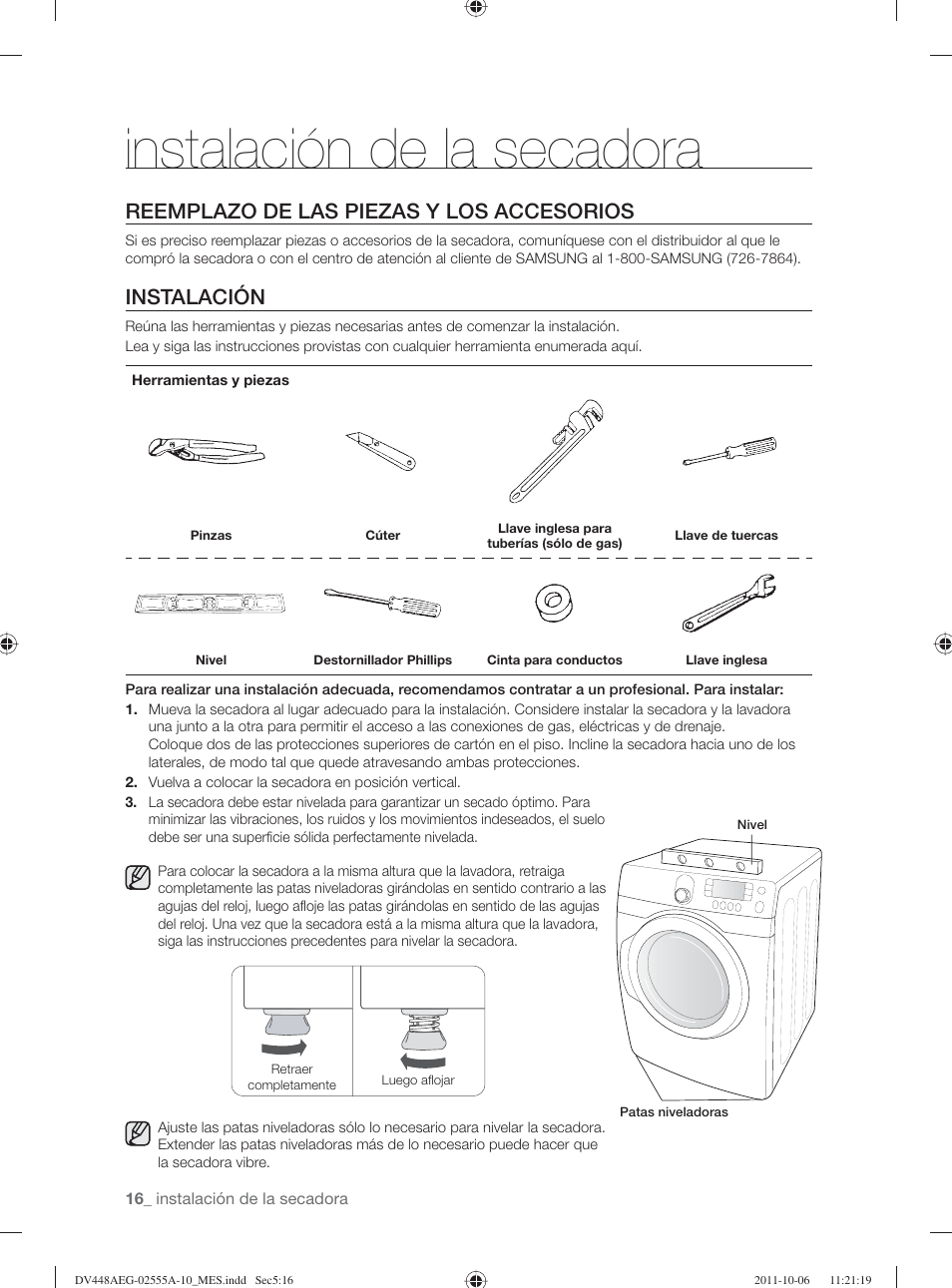 Instalación de la secadora, Reemplazo de las piezas y los accesorios, Instalación | Samsung DV438AER-XAA User Manual | Page 54 / 76