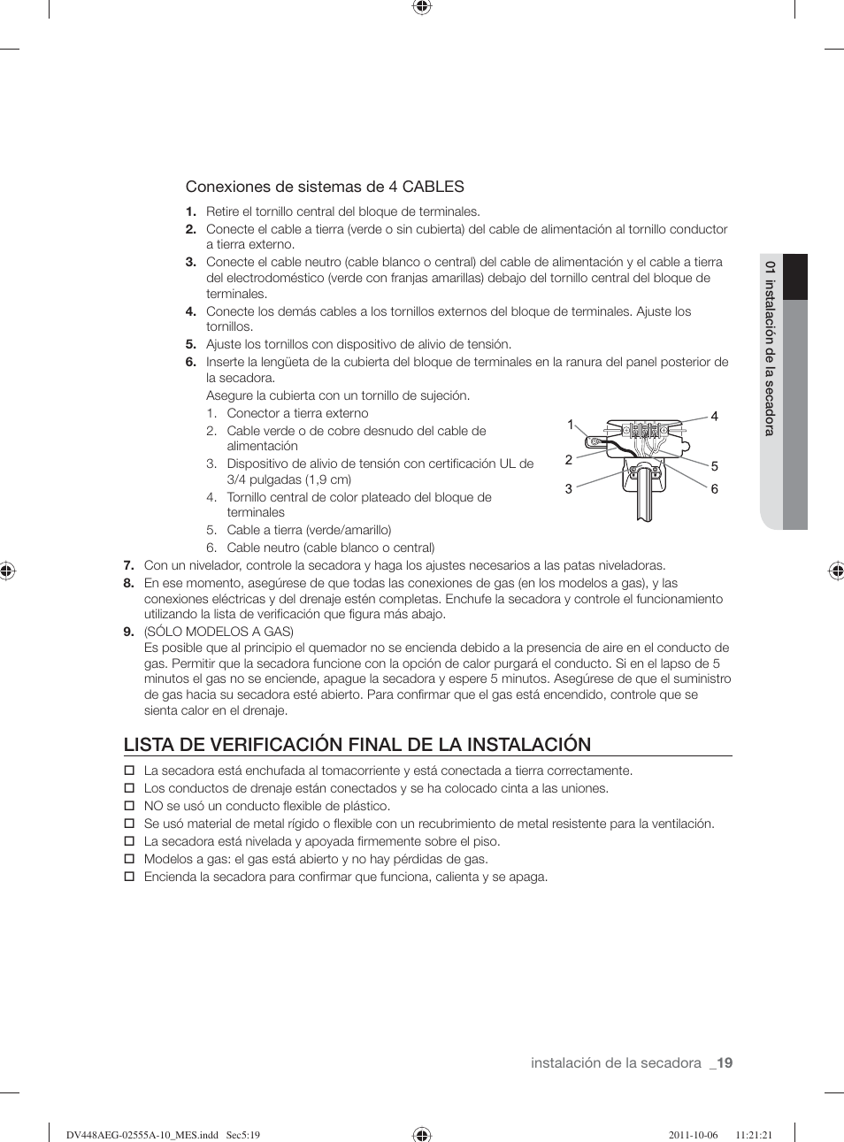 Lista de verificación final de la instalación | Samsung DV438AER-XAA User Manual | Page 57 / 76