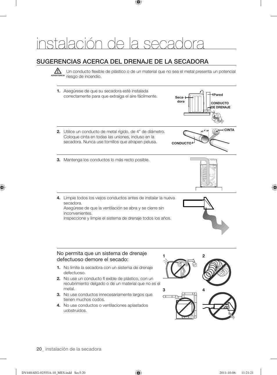 Instalación de la secadora, Sugerencias acerca del drenaje de la secadora | Samsung DV438AER-XAA User Manual | Page 58 / 76