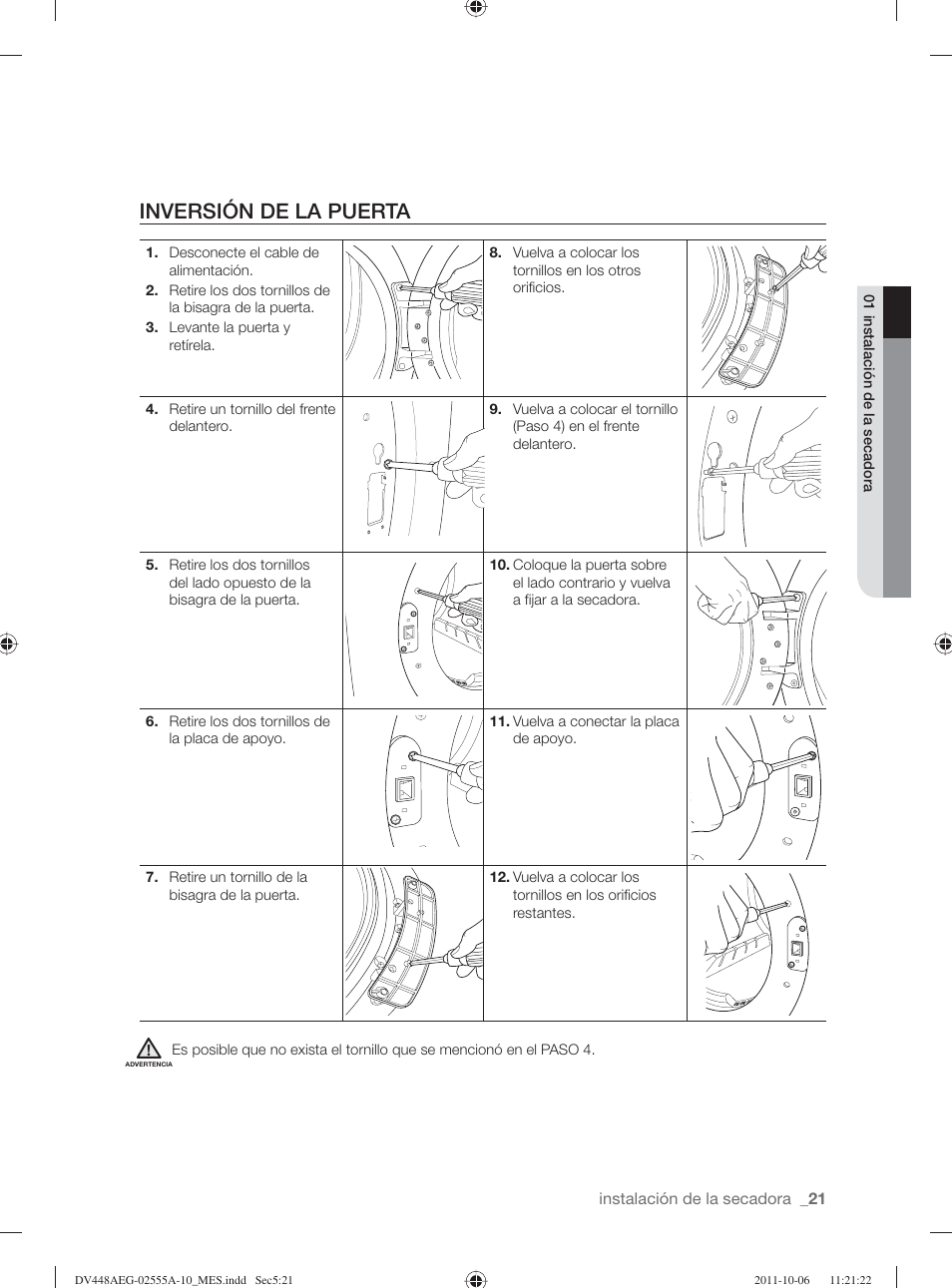 Inversión de la puerta | Samsung DV438AER-XAA User Manual | Page 59 / 76