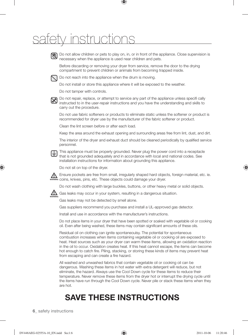 Safety instructions, Save these instructions | Samsung DV438AER-XAA User Manual | Page 6 / 76