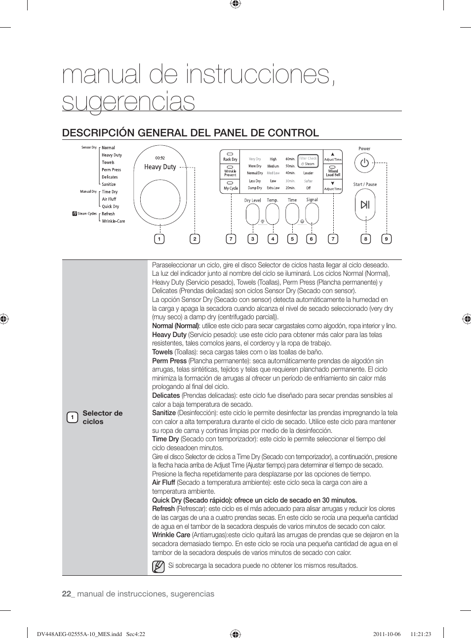 Manual de instrucciones, sugerencias, Descripción general del panel de control | Samsung DV438AER-XAA User Manual | Page 60 / 76