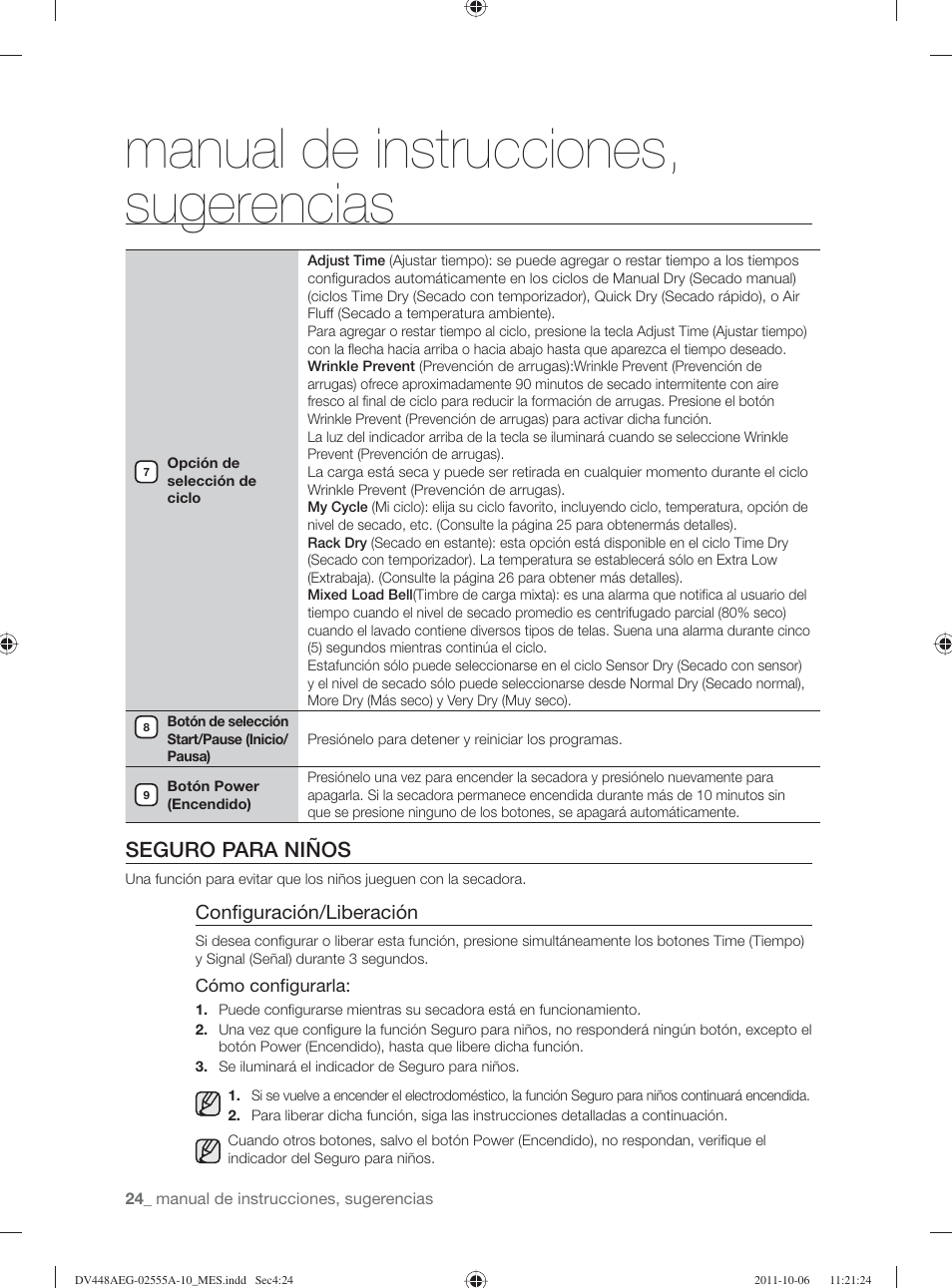 Manual de instrucciones, sugerencias, Seguro para niños, Configuración/liberación | Samsung DV438AER-XAA User Manual | Page 62 / 76