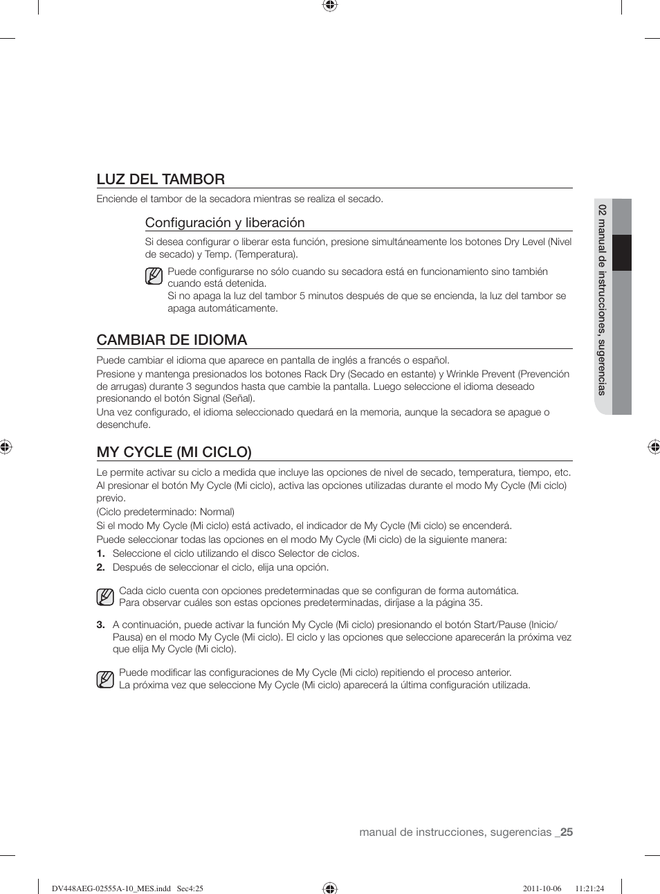 Luz del tambor, Cambiar de idioma, My cycle (mi ciclo) | Configuración y liberación | Samsung DV438AER-XAA User Manual | Page 63 / 76