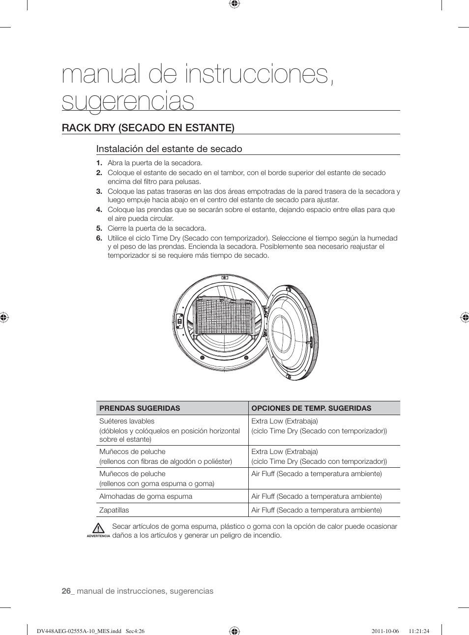 Manual de instrucciones, sugerencias, Rack dry (secado en estante), Instalación del estante de secado | Samsung DV438AER-XAA User Manual | Page 64 / 76