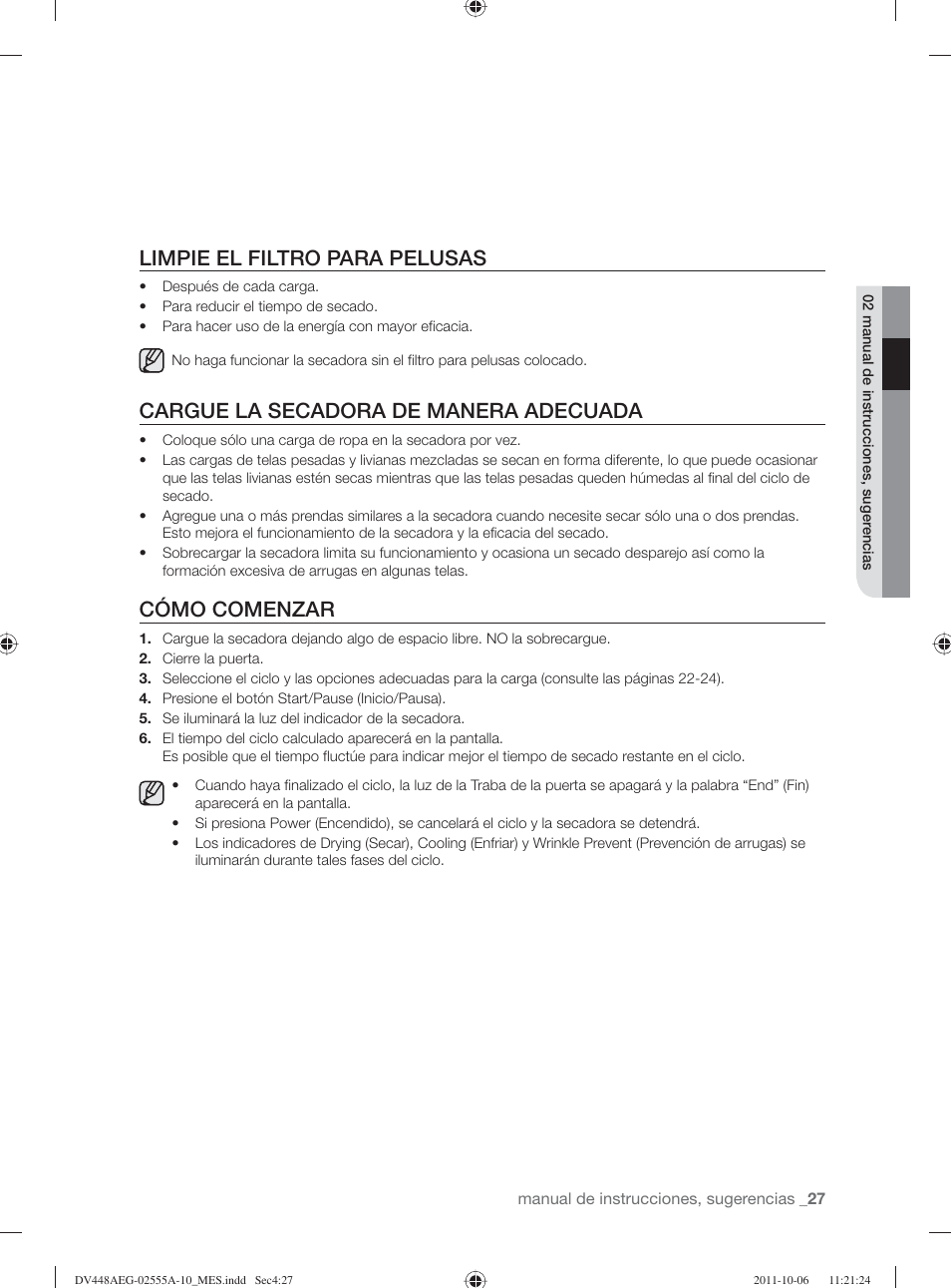 Limpie el filtro para pelusas, Cargue la secadora de manera adecuada, Cómo comenzar | Samsung DV438AER-XAA User Manual | Page 65 / 76