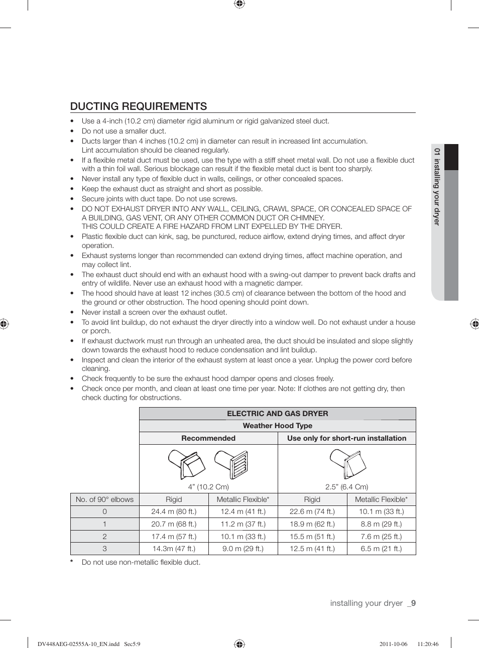 Ducting requirements | Samsung DV438AER-XAA User Manual | Page 9 / 76