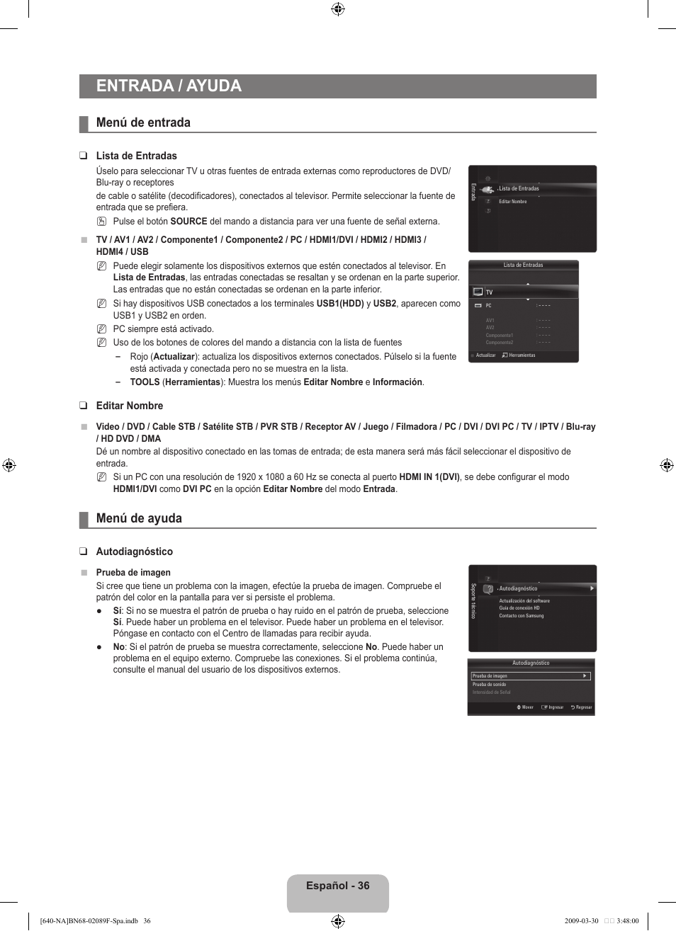 Entrada / ayuda, Menú de entrada, Menú de ayuda | Español - 6, Lista de entradas, Editar nombre, Autodiagnóstico | Samsung LN40B640R3FUZA User Manual | Page 130 / 173