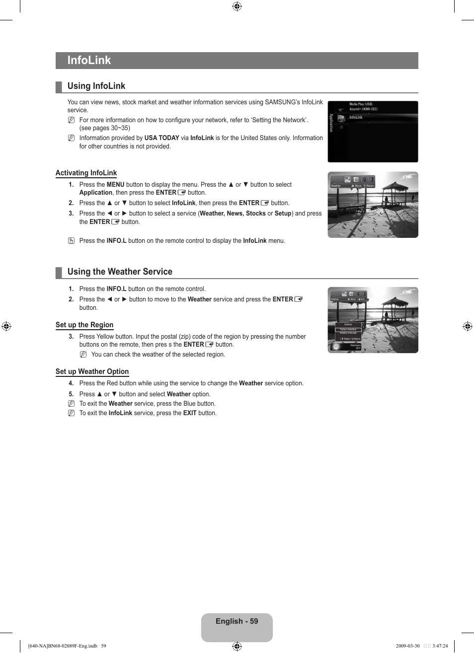 Infolink, Using infolink, Using the weather service | Samsung LN40B640R3FUZA User Manual | Page 61 / 173