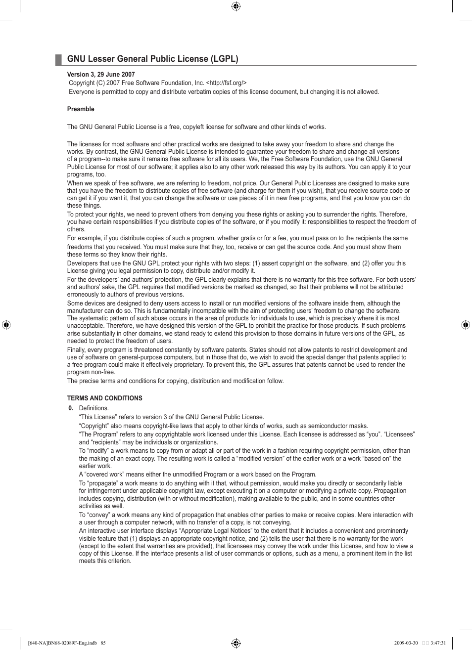 Gnu lesser general public license (lgpl) | Samsung LN40B640R3FUZA User Manual | Page 87 / 173