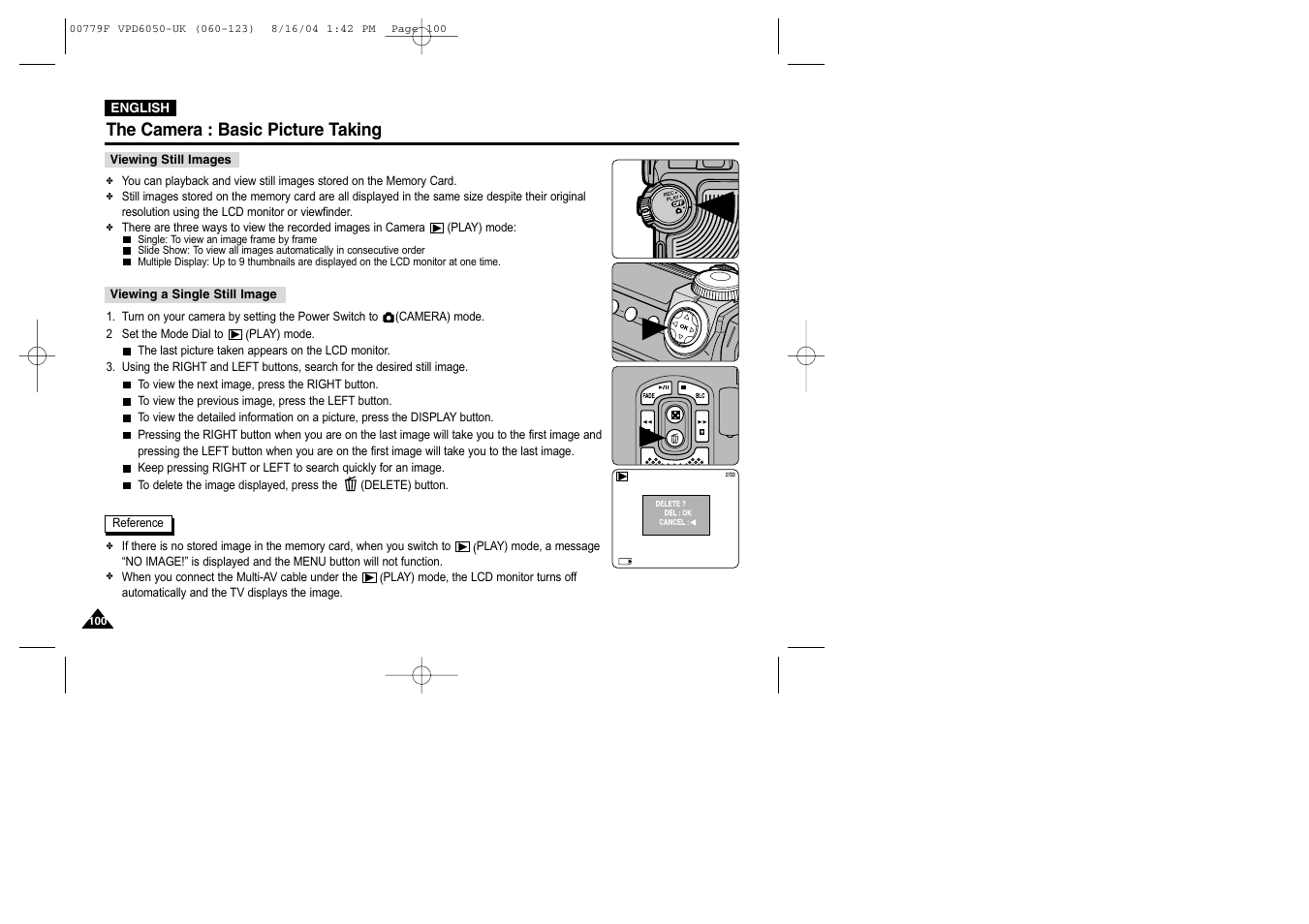 Viewing still images, Viewing a single still image, The camera : basic picture taking | Samsung SC-D5000-XAC User Manual | Page 100 / 166