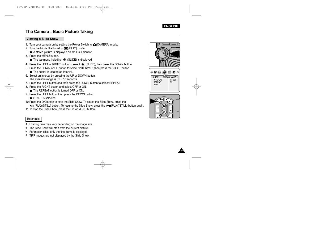 Viewing a slide show, The camera : basic picture taking | Samsung SC-D5000-XAC User Manual | Page 101 / 166
