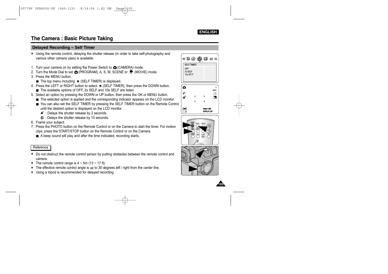 Delayed recording – self timer, The camera : basic picture taking | Samsung SC-D5000-XAC User Manual | Page 105 / 166