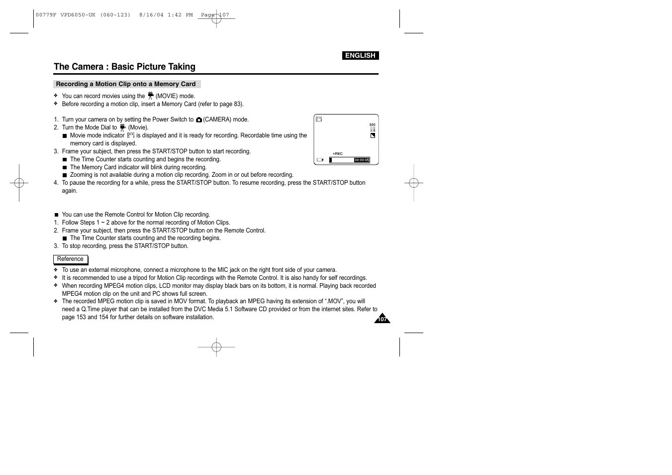 Recording a motion clip onto a memory card, The camera : basic picture taking | Samsung SC-D5000-XAC User Manual | Page 107 / 166