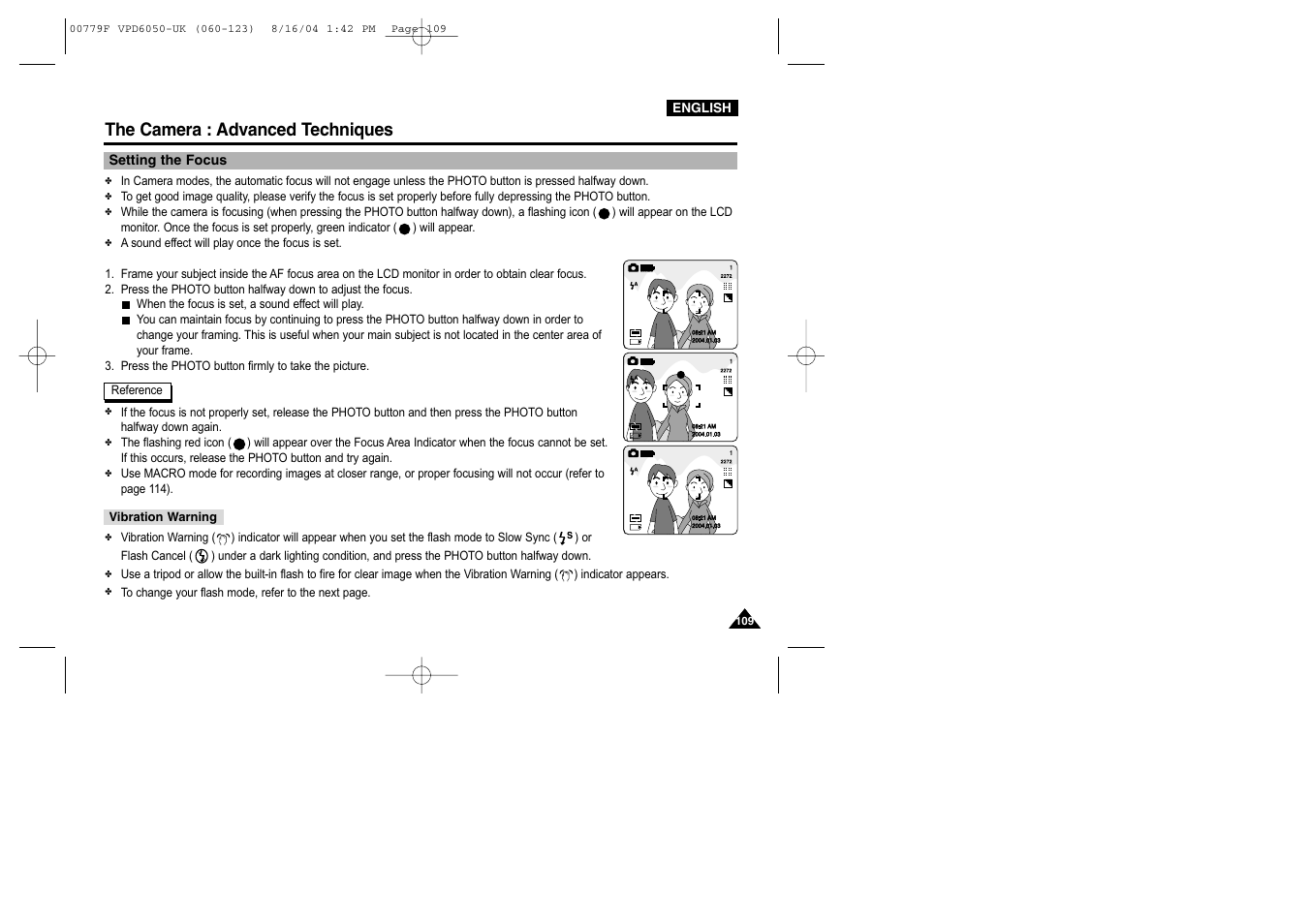 The camera : advanced techniques, Setting the focus | Samsung SC-D5000-XAC User Manual | Page 109 / 166